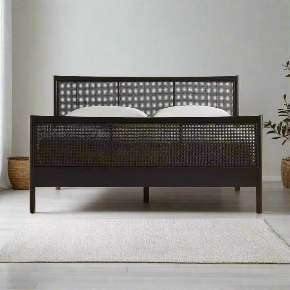 Beautifully Handcrafted Wooden Black Rattan Bed