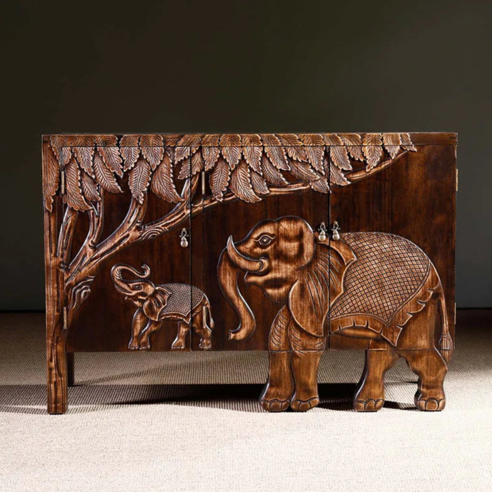 Hand Carved Wooden Beautiful Elephant Design Cabinet