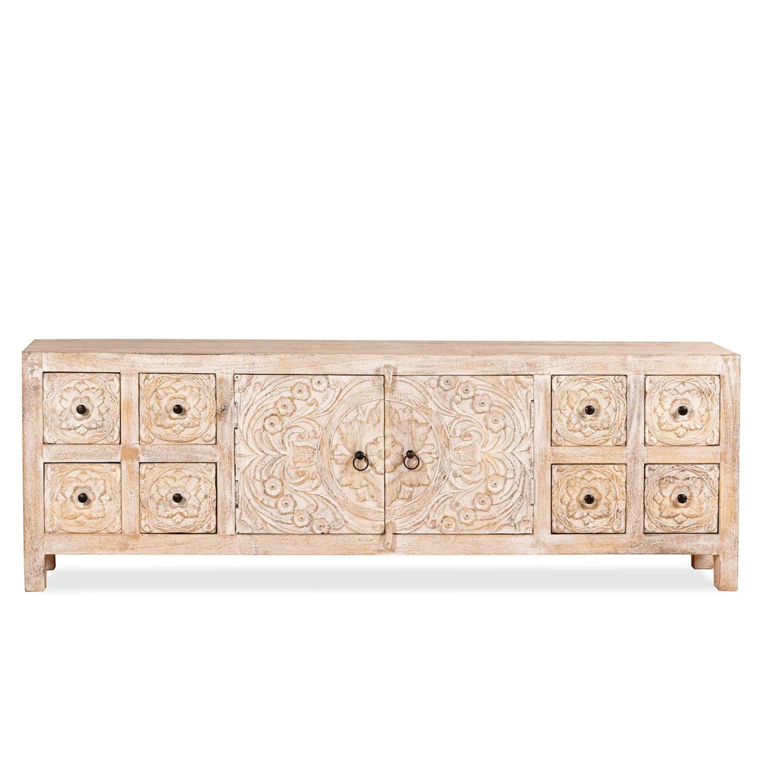 Hand-Carved Whitewashed Sideboard Cabinet with Drawers– Boho Style