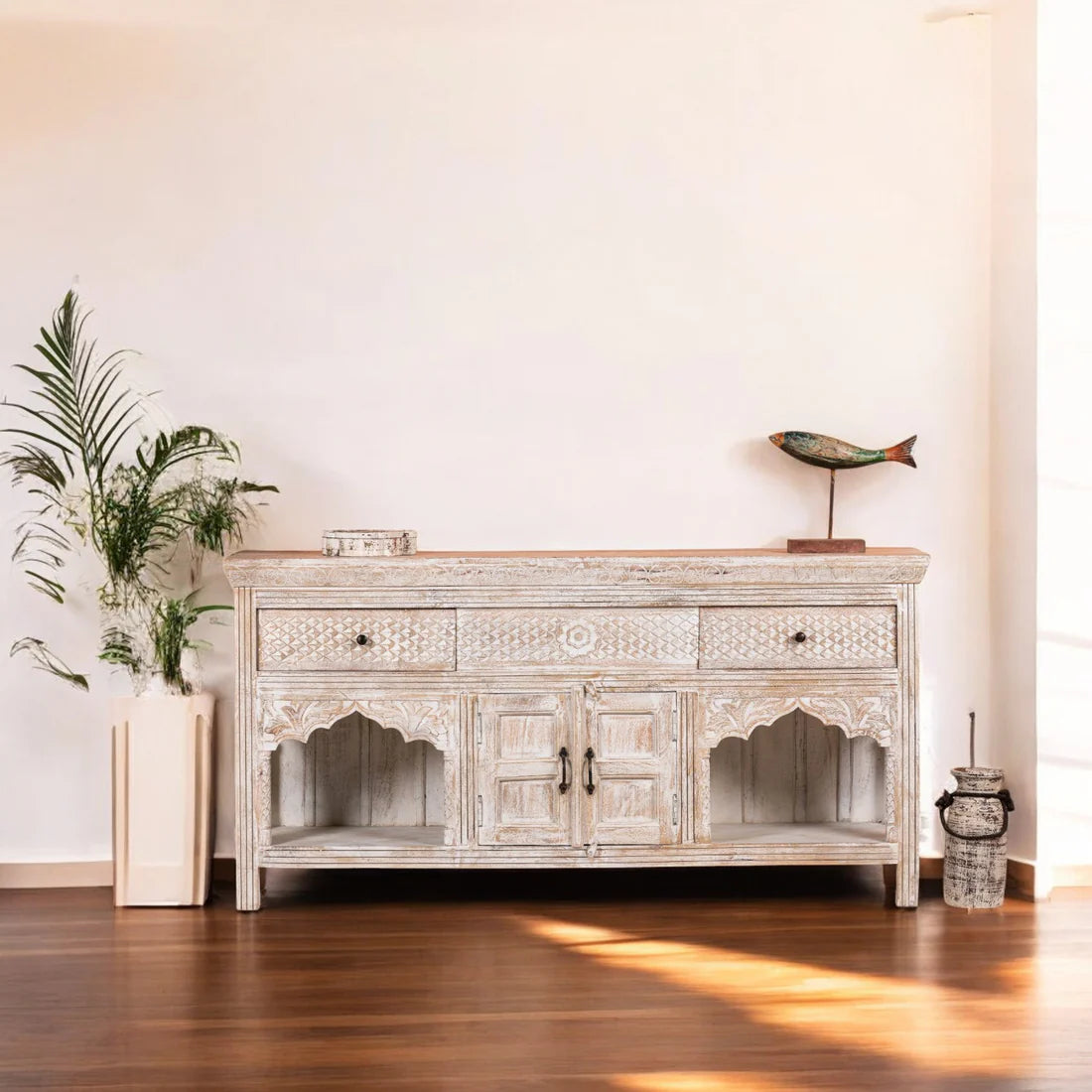 Hand-Carved Wooden Console Table
