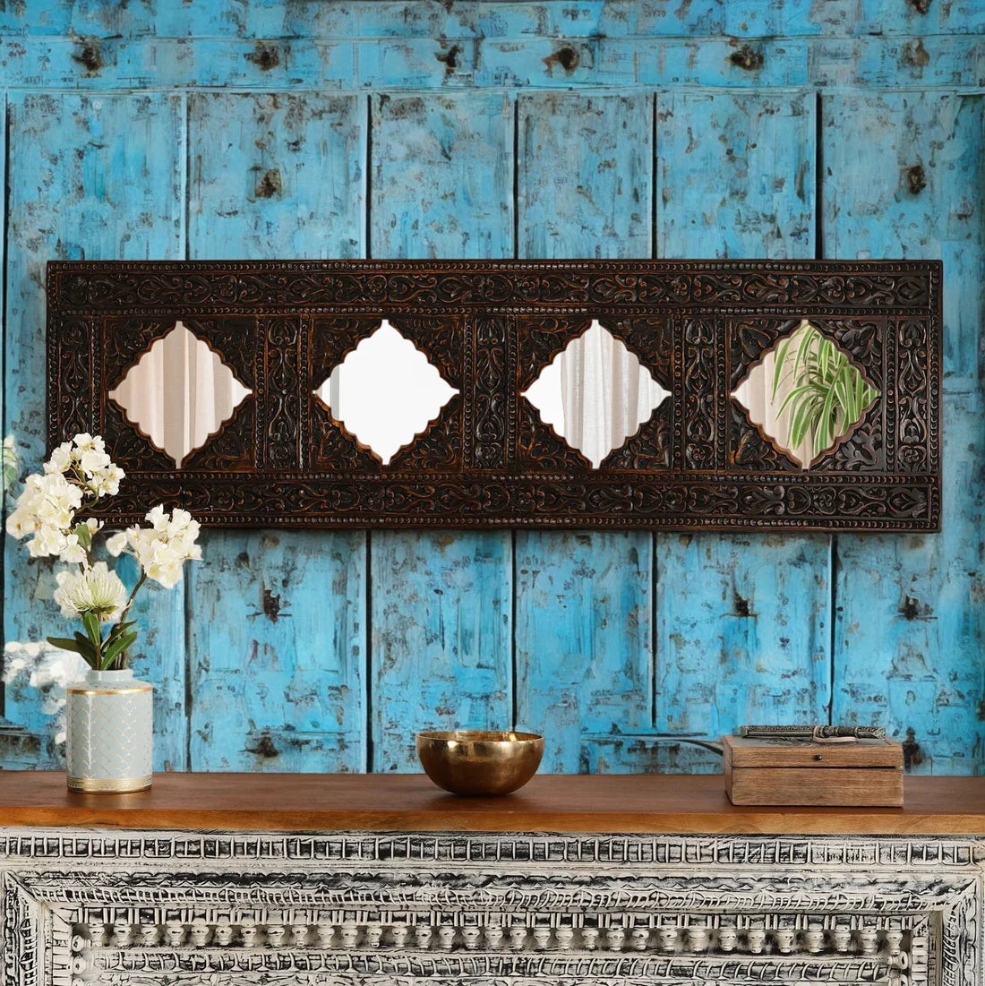 Viraasat Hand Carved Black Wall Mirror Jharokha
