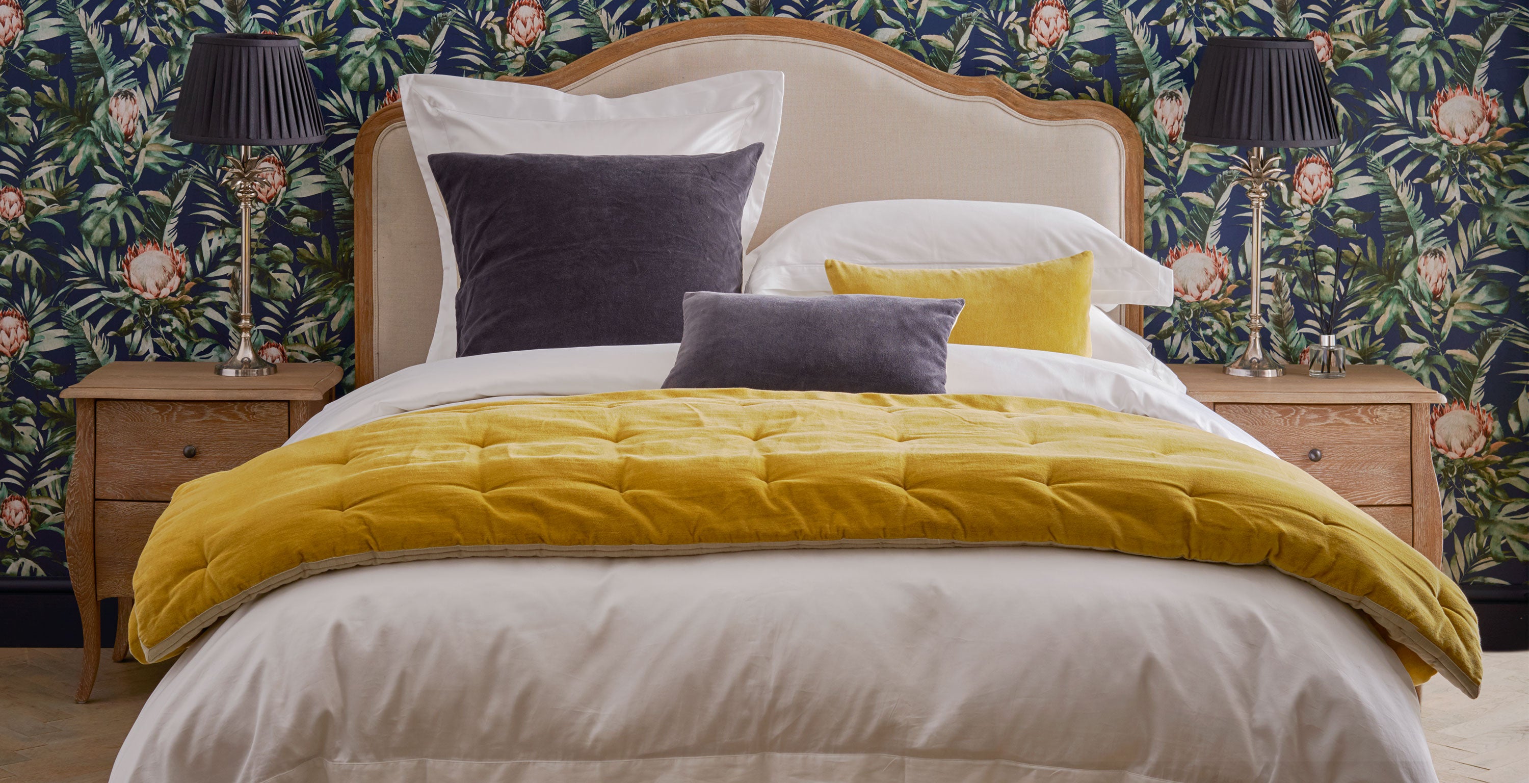 Crafted Wooden Bed With Upholstered Headboard