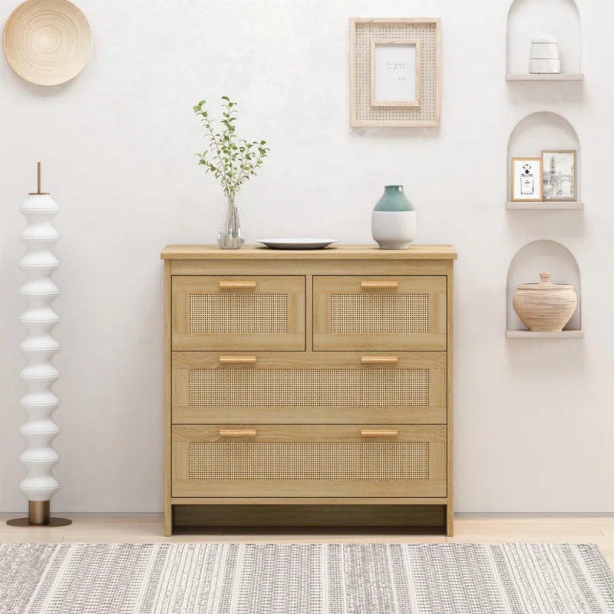Wooden Handmade Cane Designer Four Drawer Dresser