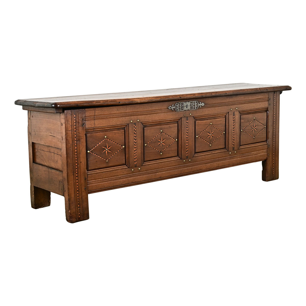 Handcrafted French Solid Wood & Inlay Brown Coffer