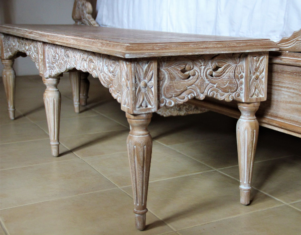 Handmade Antique Carved Wooden Brown Bed Bench