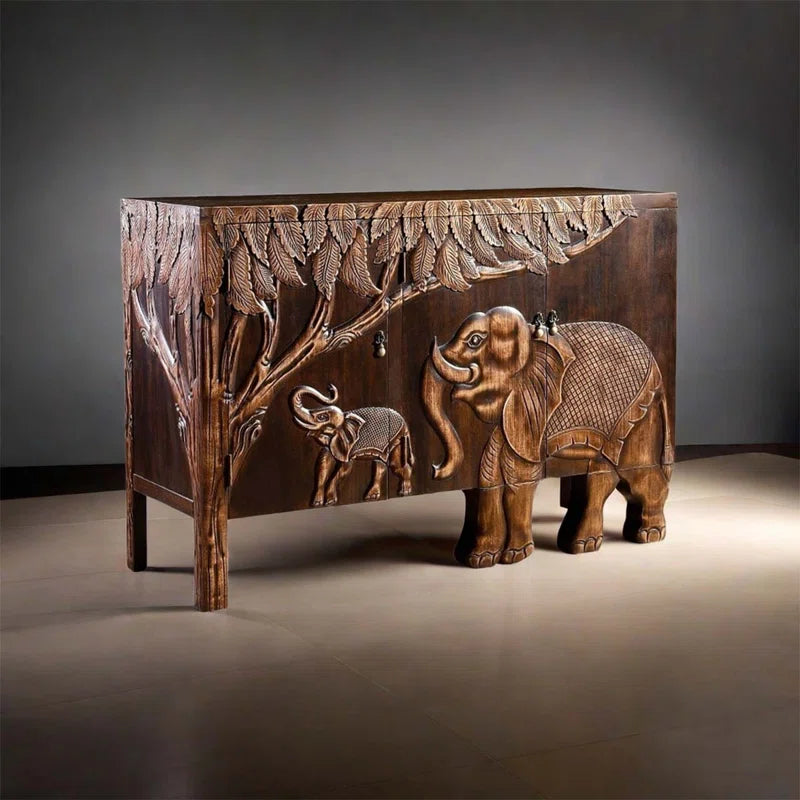 Hand Carved Wooden Beautiful Elephant Design Cabinet