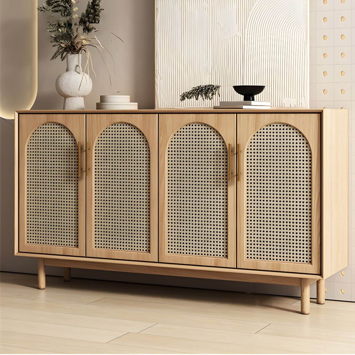 Wooden  Rattan Credenza