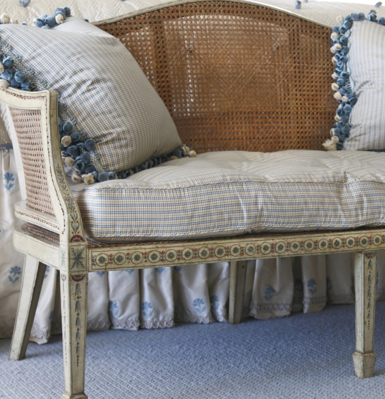 Antique Wooden Caned Upholstered Settee