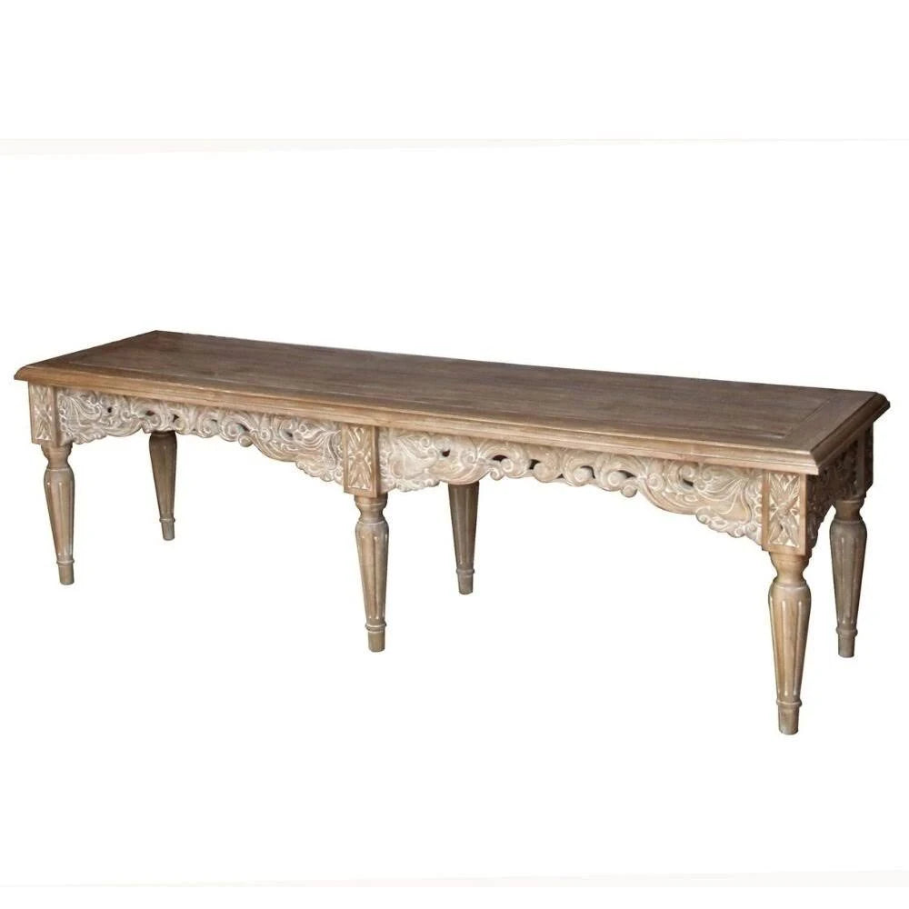 Handmade Antique Carved Wooden Brown Bed Bench
